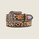 Hand Tooled Cheetah Print With Painted Flower Belt - US 5541