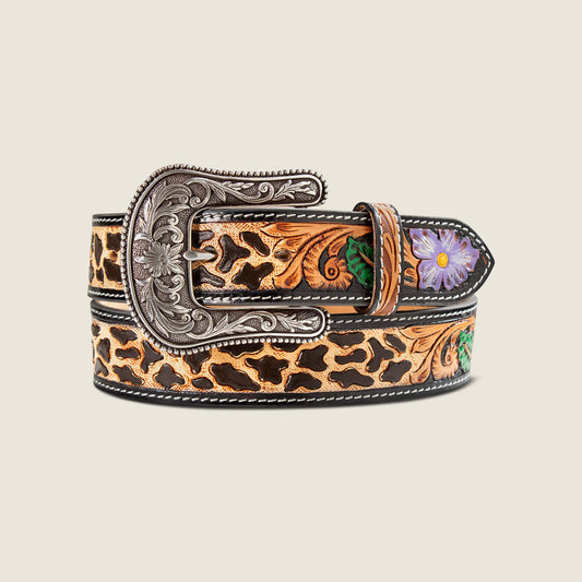 Hand Tooled Cheetah Print With Painted Flower Belt - US 5541